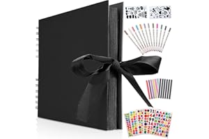 AIOR Scrapbook Album, 12.6 x 8.3Inch 80 Pages Photo Album Craft Paper Scrapbook with 12 Metal Pens, Ribbon Closure, Thick DIY