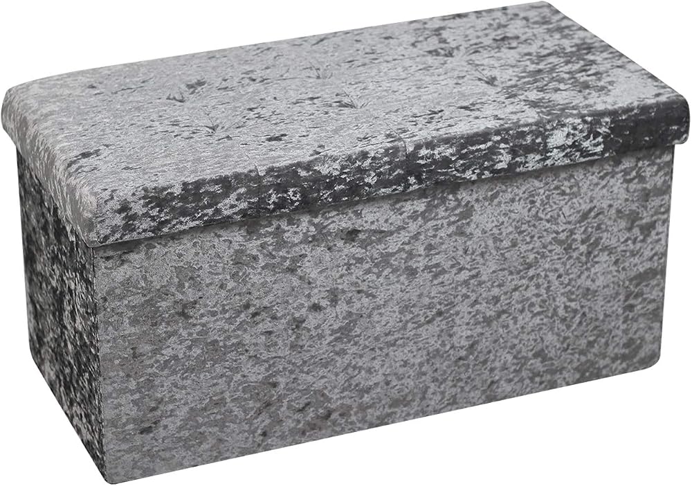 HomeHarmony Crushed Velvet Quilted Top Folding Storage Ottoman Silver Large