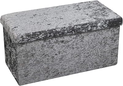 HomeHarmony Crushed Velvet Quilted Top Folding Storage Ottoman Silver Large