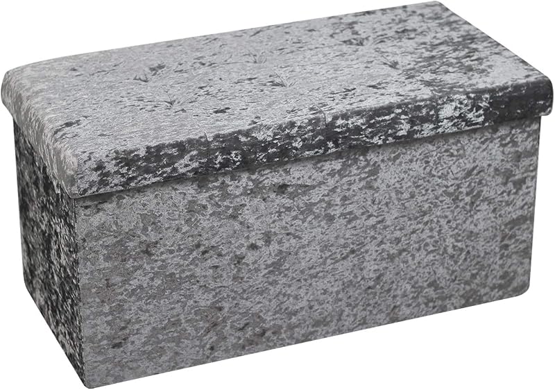 HomeHarmony Crushed Velvet Quilted Top Folding Storage Ottoman Silver Large