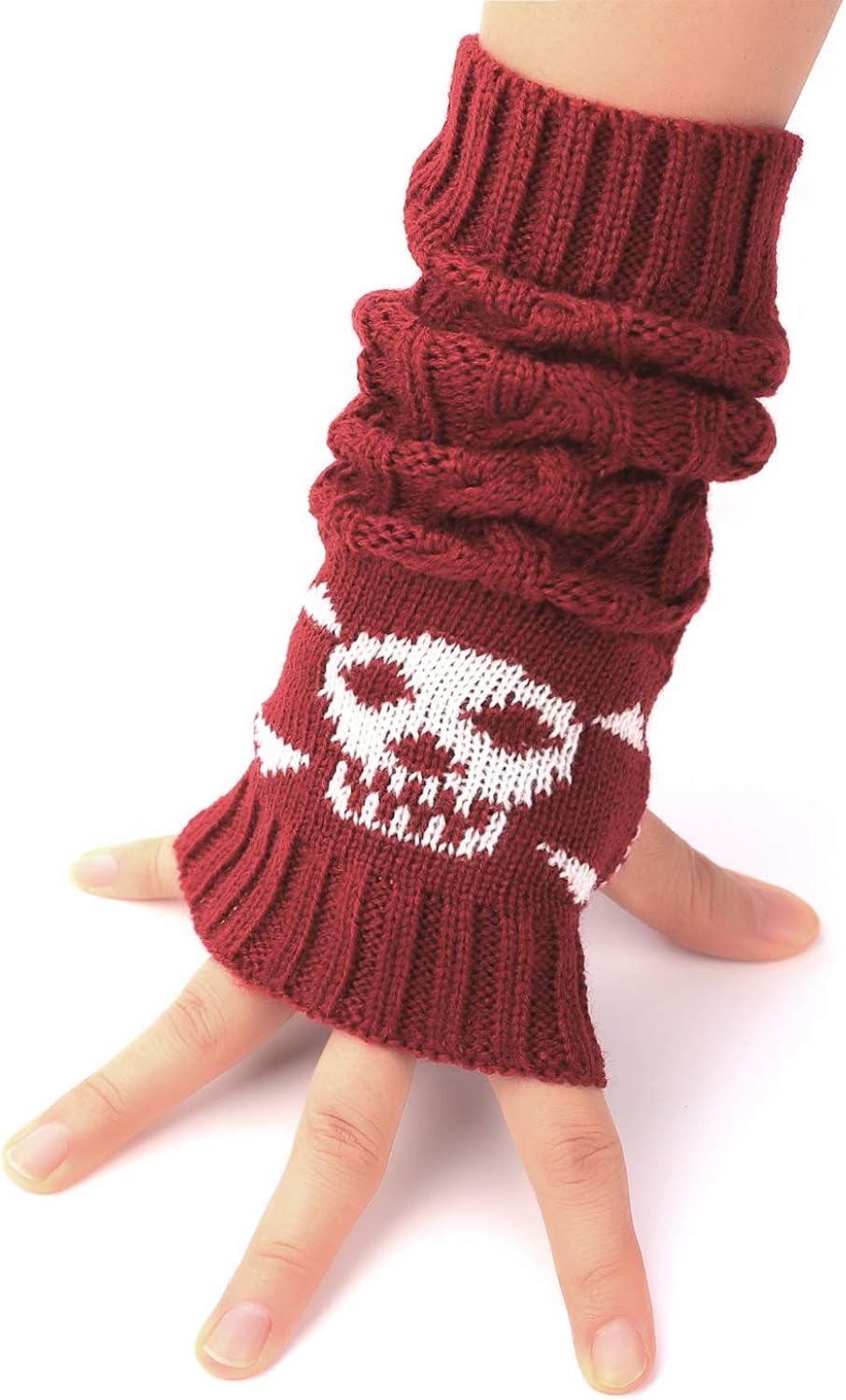 Flammi Women’s Cable Knit Fingerless Gloves Arm Warmers with Crossbones Jacquard Skull Thumbhole Mittens (Dark Grey) at  Women’s Clothing store