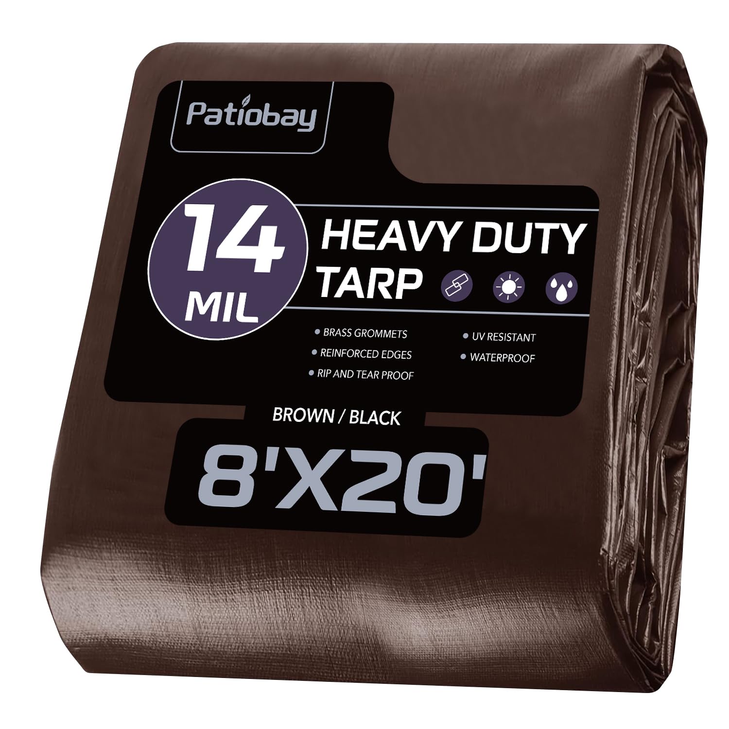 Patiobay Tarp 8x20FT, 14 Mil Large Tarps Heavy Duty Waterproof with Grommets Every 23.6", 420D Thick Plastic Tarp, UV Resistant Tear&Fade Resistant, Reinforced Edges for Outdoor Pool Camp Tent Image