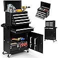 Clickoods 5-Drawer Rolling Tool Chest with Detachable Tool Box, Lockable Wheels, 4 Hooks, and Liner, Heavy-Duty Metal Tool Cart for Garage and Workshop Storage, Black