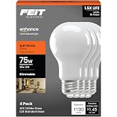 Feit Electric A19 Enhance LED Light Bulb, 75W Eq, Soft White, 4 Pack | Dimmable, 1100 Lumens, 2700K, 12W, E26 Medium Base, 90+ CRI, General Purpose LED Light Bulbs, 17,000-Hour Lifetime
