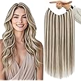 Fshine Invisible Wire Hair Extensions Real Human Hair Ash Brown Highlighted Platinum Blonde Fish Line Wire Hair Extensions 14 Inch Secret Hairpiece 70G
