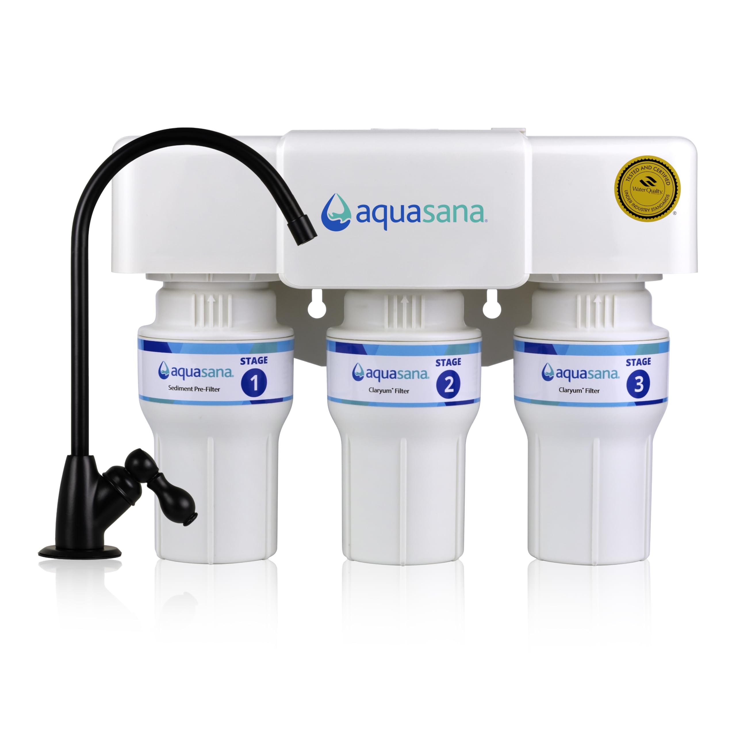 Aquasana Under Sink Water Filter | 3-Stage Claryum Filtration | Reduces up to 99.99% of PFAS, Lead, Chlorine, & More | Under Counter Drinking Water Filter | Includes Matte Black Faucet | AQ-6300-MB