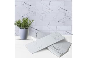 Artemuro 40PCS Peel and Stick Backsplash for Kitchen, 3" x 9" SPC Subway Tiles, Upgraded Structured Soft Glossy Calacatta Panda with White Grout Backsplash Tile for Kitchen, Bathroom, Fireplace, RV