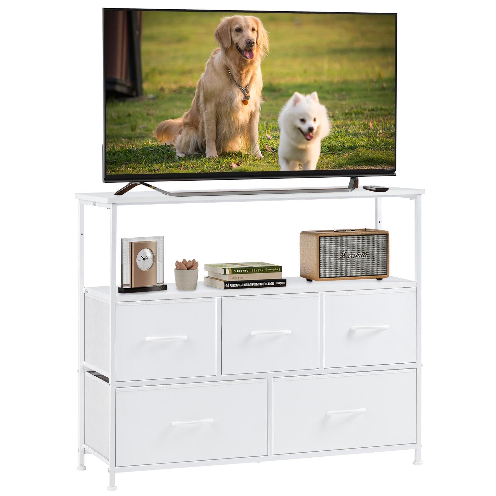 DUMOS TV Stand Dresser with 5 Fabric Storage Drawers, Media Console Featuring Open Shelf for 45 inch TV, Compact Entertainment Unit for Bedroom, Living Space, or Dorm Organization, White Image
