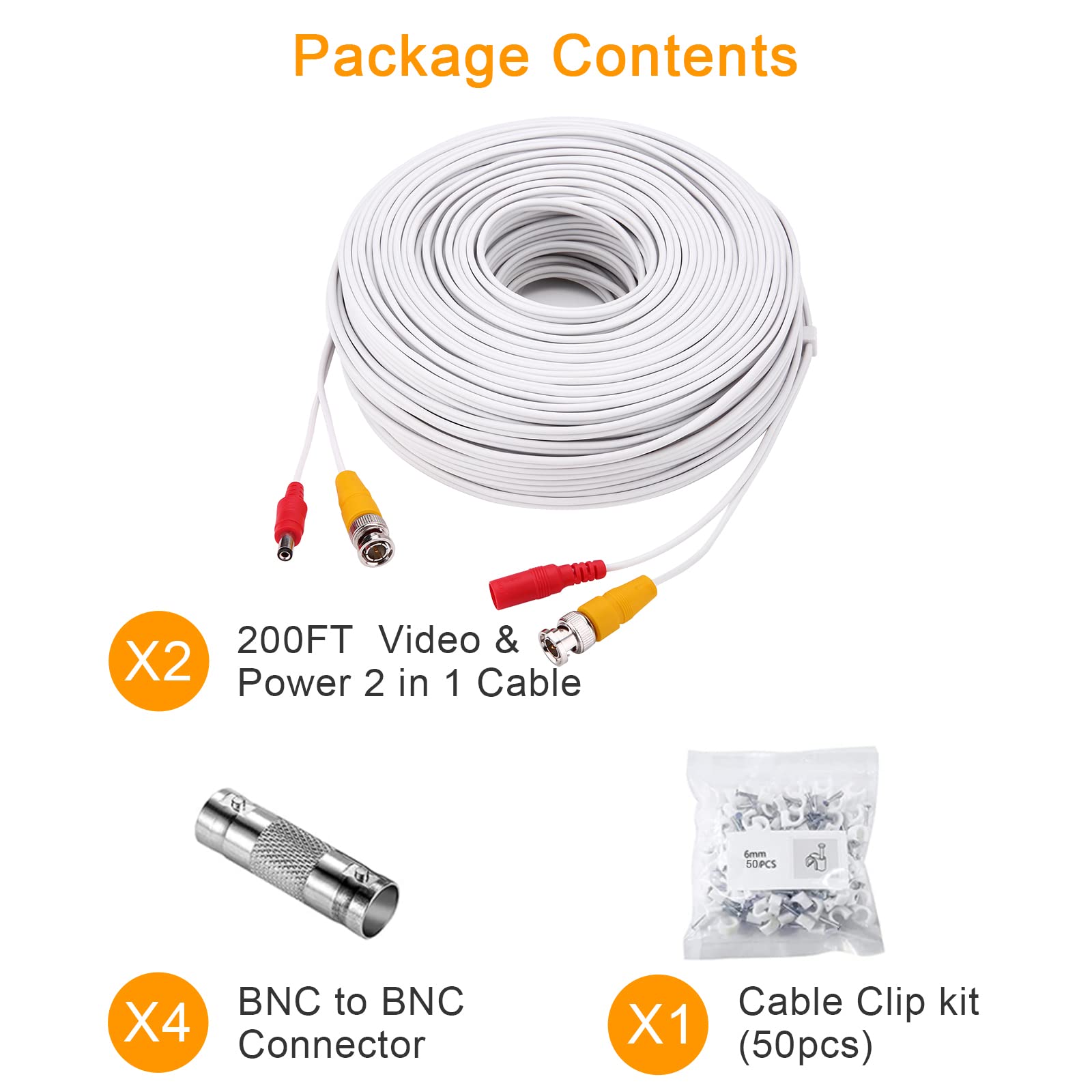 BNC Cable,2x200ft All-in-One Siamese Video and Power Security Camera Cable Wire, BNC Extension Cable with 2 Female Connectors for All Max 5MP HD CCTV DVR Surveillance System (200ft 2PCS,White)
