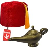 Nicky Bigs Novelties Red Fez Hat &amp; Genie Lamp Set, Halloween Accessories | Set of 2: Red Felt Fez Hat with Gold Tassel &amp; Plastic Genie Lamp, Adjustable Fit for Most Adults, Perfect Halloween Accessory