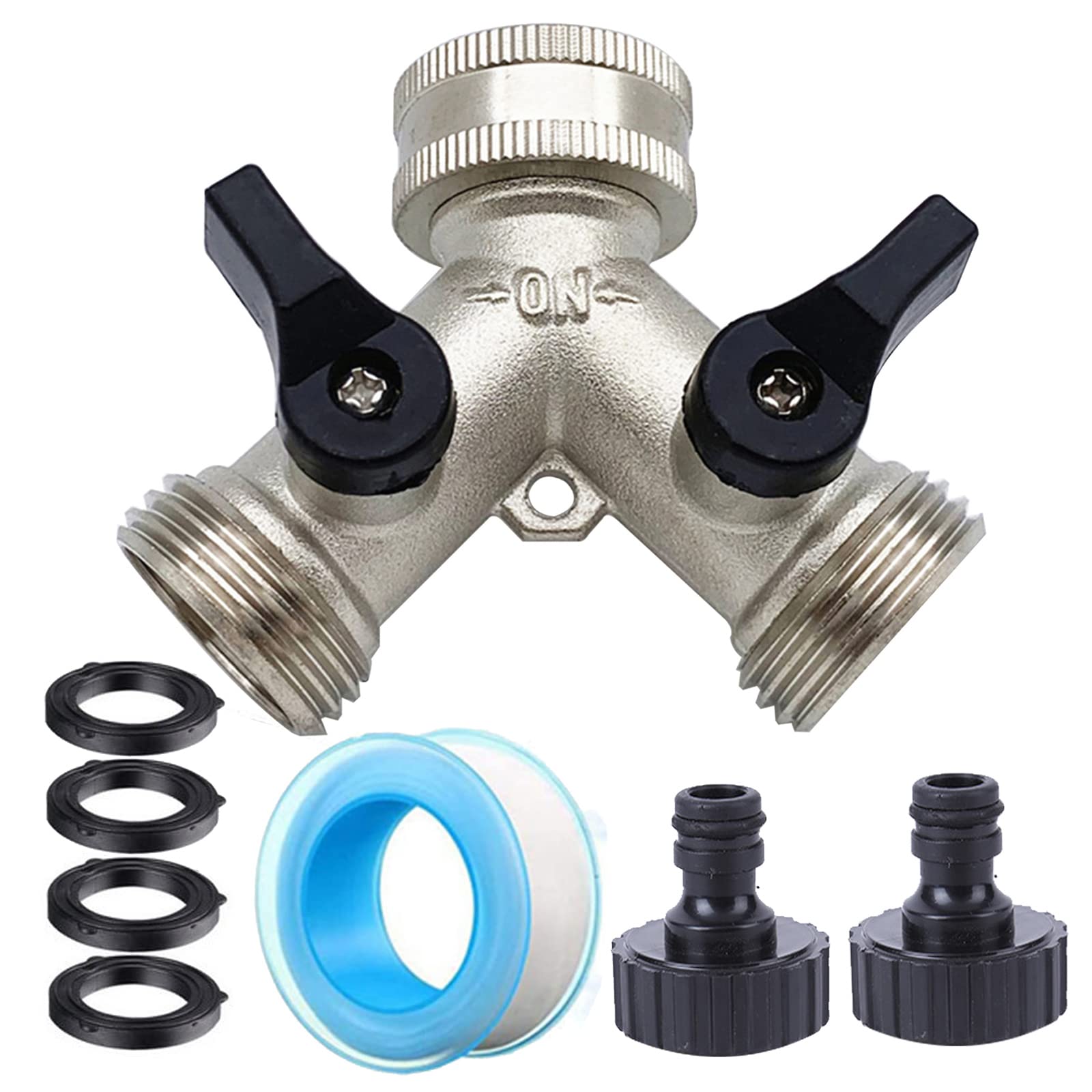 RoseFlower Heavy Duty Garden Hose Splitter, 3/4" Solid Brass Hose End Connector - Outdoor Water Taps Distributor Faucet Outlet Hose Adapter with Comfortable Grip, 2 Rubber Washer, 1 Faucet Adapter