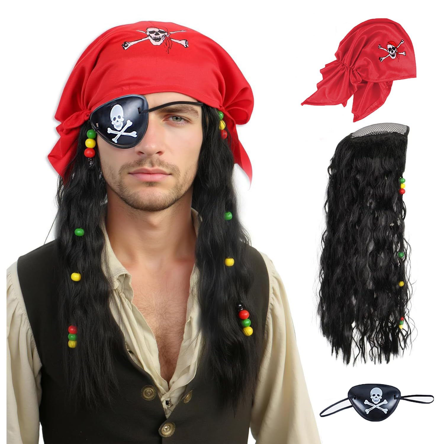 Adult Pirate Wig Cap Halloween Role Playing Pirate Wig Headpiece Eye Patches Jack Captain Fancy Dress Cosplay Accessory for Halloween Party Stage
