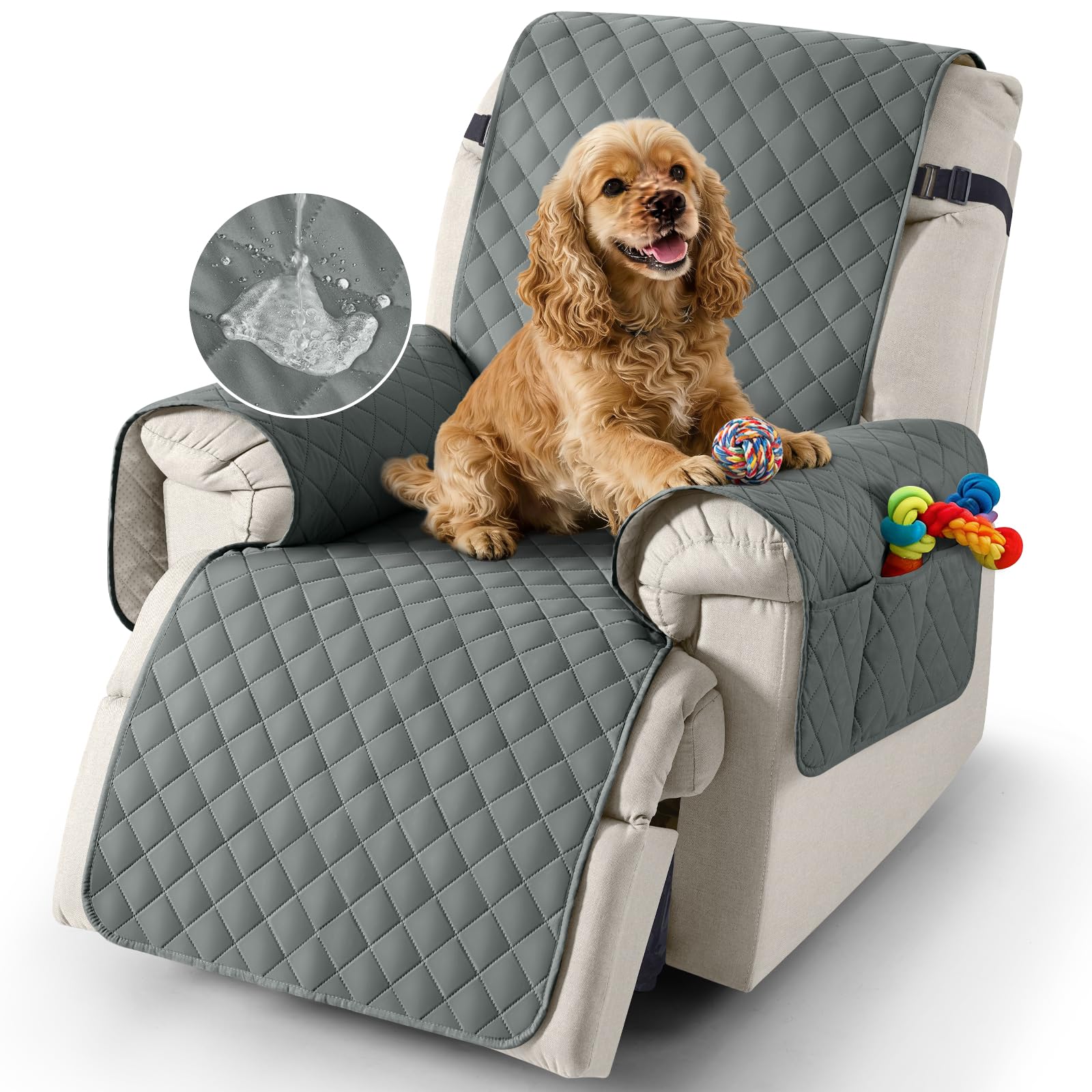 TAOCOCO Recliner Slipcovers,100% Waterproof Recliner Covers,Armchair Covers with Pockets,1 Seater Armchair Slipcovers,Non Slip Reclining Sofa Covers Arm Chair Covers for Pets(Dark Grey)