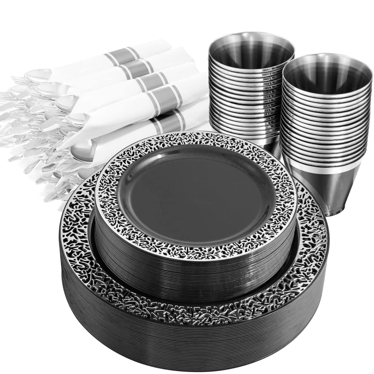 Photo 1 of NOCCUR 210PCS Black and Silver Dinnerware Set for 30 Guests - Black Plastic Plates with Silver Rim Include 30 Dinner / 30 Dessert Plates, 30 Prewrapped Silverware, 30 Cups Ideal for Party, Halloween