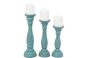 Deco 79 Wooden Decorative Candle Holder Distressed Candle Stand, Set of 3 Candlestick Holder 15", 13", 11"H, Blue