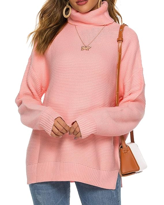 LIOFOER Womens Turtleneck Long Sleeve Chunky Knit Pullover Sweater Pink, (US) X-Large best women's turtlenecks