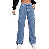 Metietila Women's High Waisted Cargo Jeans Stretch Wide Leg Denim Pants Trendy