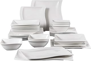 MALACASA, Serie Flora, 26 tlg. Cremeweiß Porzellan Geschirrset Kombiservice Tafelservice mit 6 Schalen, 6 Dessertteller, 6 Suppenteller, 6 Speiseteller und 2 Rechteckigen Platten