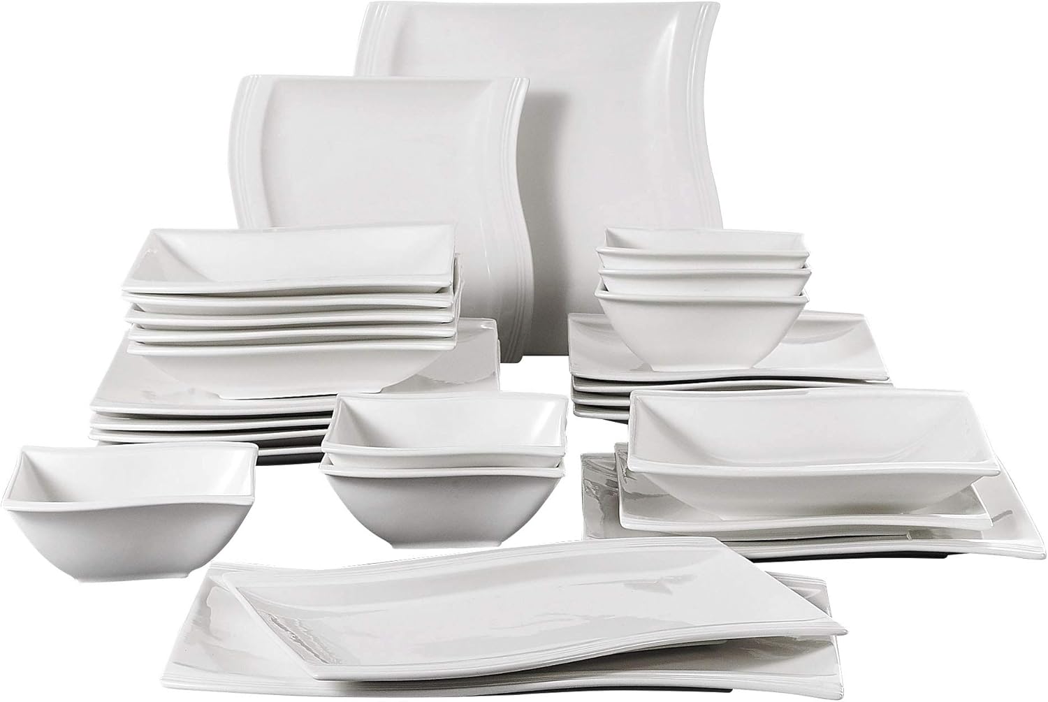 MALACASA, Serie Flora, 26 tlg. Cremeweiß Porzellan Geschirrset Kombiservice Tafelservice mit 6 Schalen, 6 Dessertteller, 6 Suppenteller, 6 Speiseteller und 2 Rechteckigen Platten