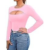 Afibi Women's Cutout Tops Basic Long Sleeve Round Neck Slim Fit T-Shirts