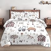 WeCozy Full Size Comforter Set with 2 Pillowcases, Farm Animal Tractor House Tree Soft 3 Pcs Bedding for Kids and Adults Bedroom Bed Decor