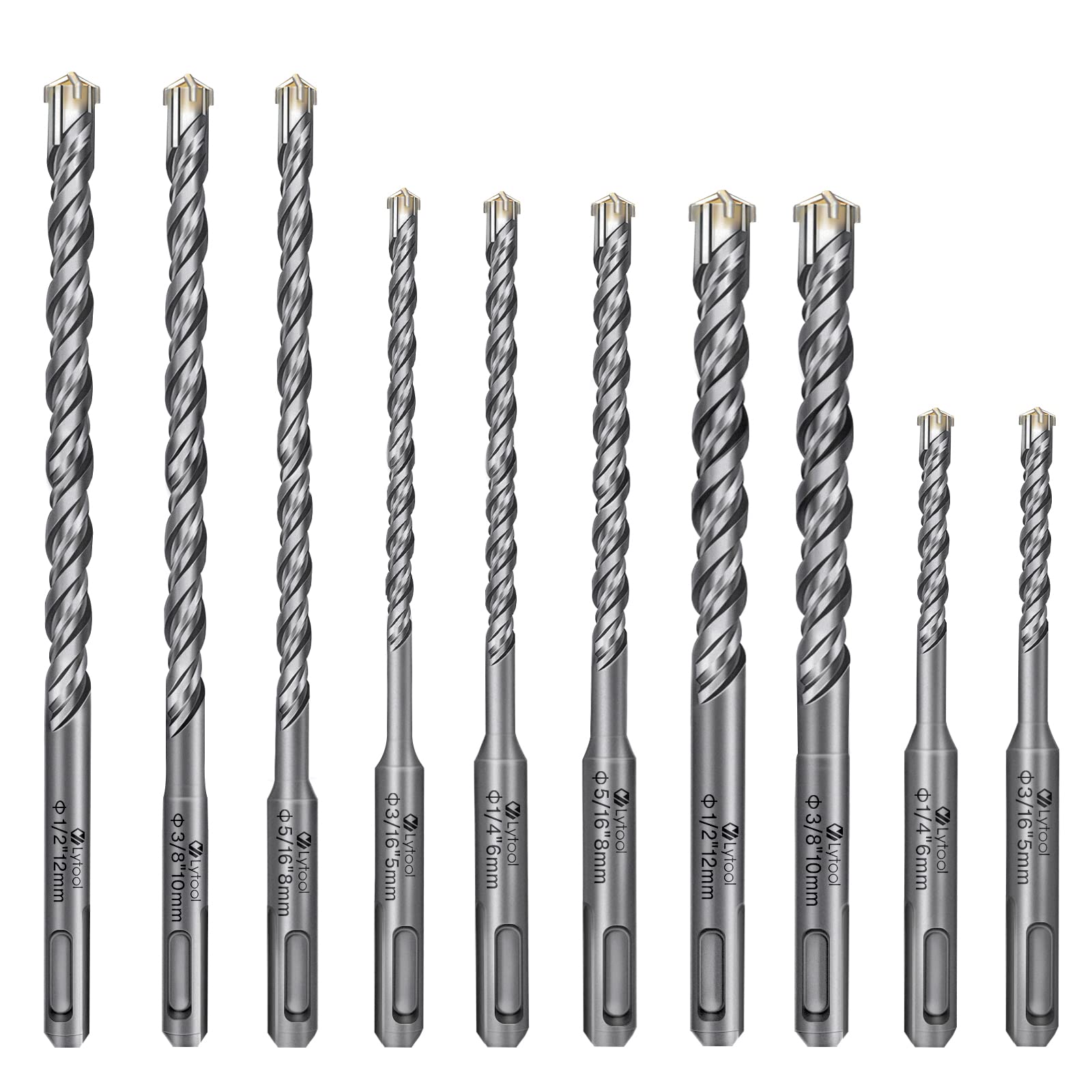 Lytool SDS-Plus Hammer Drill Bit Set 10PCS (5mm~12mm), Concrete Cross Drill Bits for Granite, Walls, Ceramic Tile, Stone, Concrete