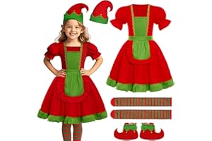 Frekuyrt Christmas Elf Costume for Girls Santa Helper Costume Xmas Holiday Party Dress Outfit with Elf Hat Shoes Stockings