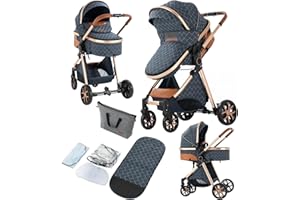 REENBORN 2 in 1 Baby Stroller, Convertible Pram, Reversible Standard Stroller, Portable Baby Buggy, Infant Carriage, Foldable High Landscape Pushchair for Toddler Newborn (225 Blue)