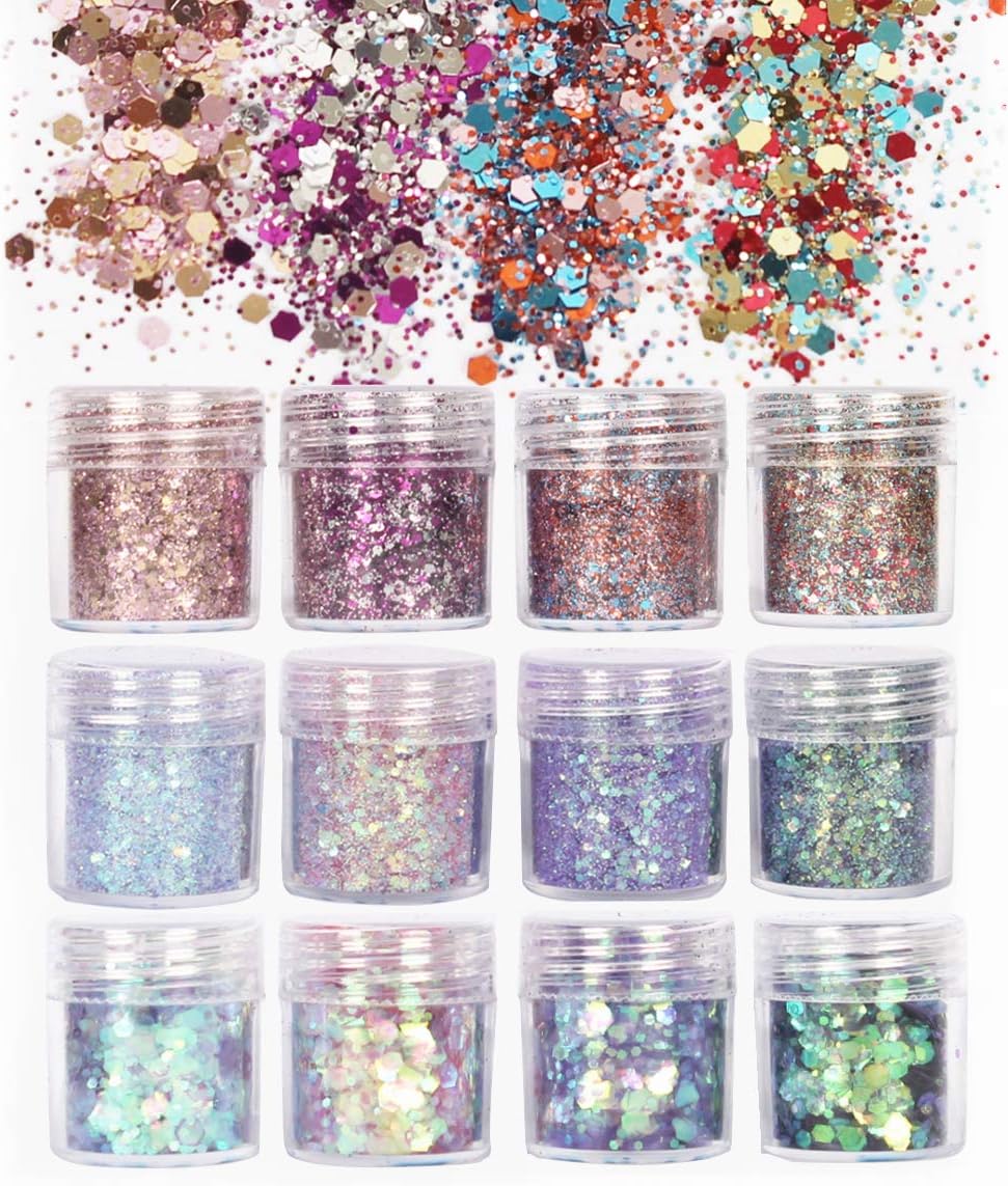 uBook 12 Pack Face Glitter Chunky Glitter Festival Cosmetic Glitter Body Glitter Sparkling Decoration Glitter for Hair and Nails