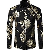ZEROYAA Mens Hipster Gold Rose Printed Slim Fit Long Sleeve Dress Shirts/Prom Performing Shirts