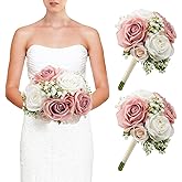 DIYDOFUN Wedding Bridesmaid Bouquets Set of 2, Artificial Silk Flowers Arrangement for Ceremony Marriage Proposal Party Anniversary Decorations - Dusty Pink & White