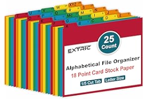 EXTRIC Alphabetical File Organizer, 25 Alphabet Dividers with Tabs Letter Size File Cabinet Dividers, A-Z Manila Guides 5 Assorted Colors, 1/5 Cut Tab Positions Filing Cabinet and Desk Organization