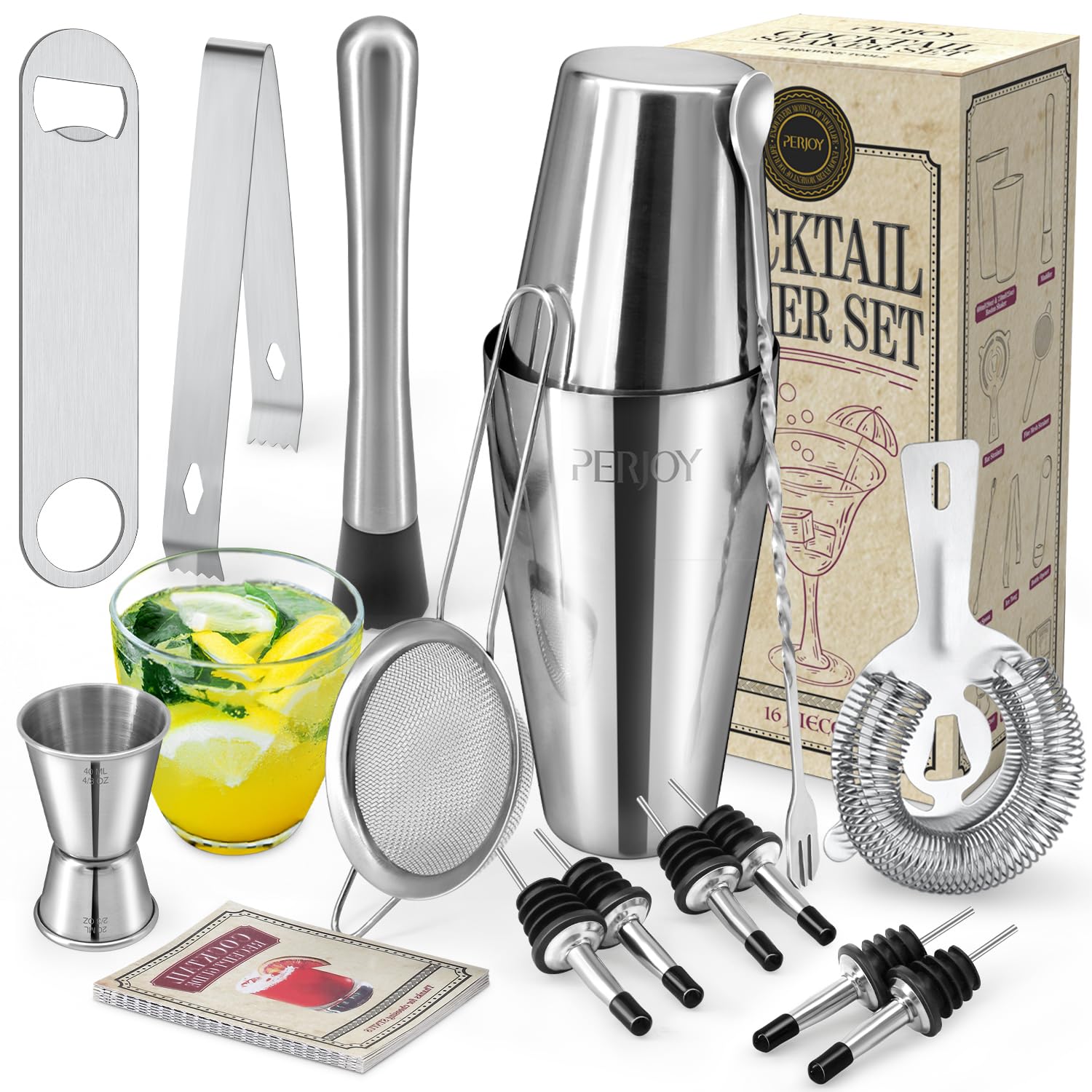 Perjoy 16 Piece Cocktail Shaker Set, Stainless Steel Bar Accessories for Home Pub, Boston Shaker Gift Set