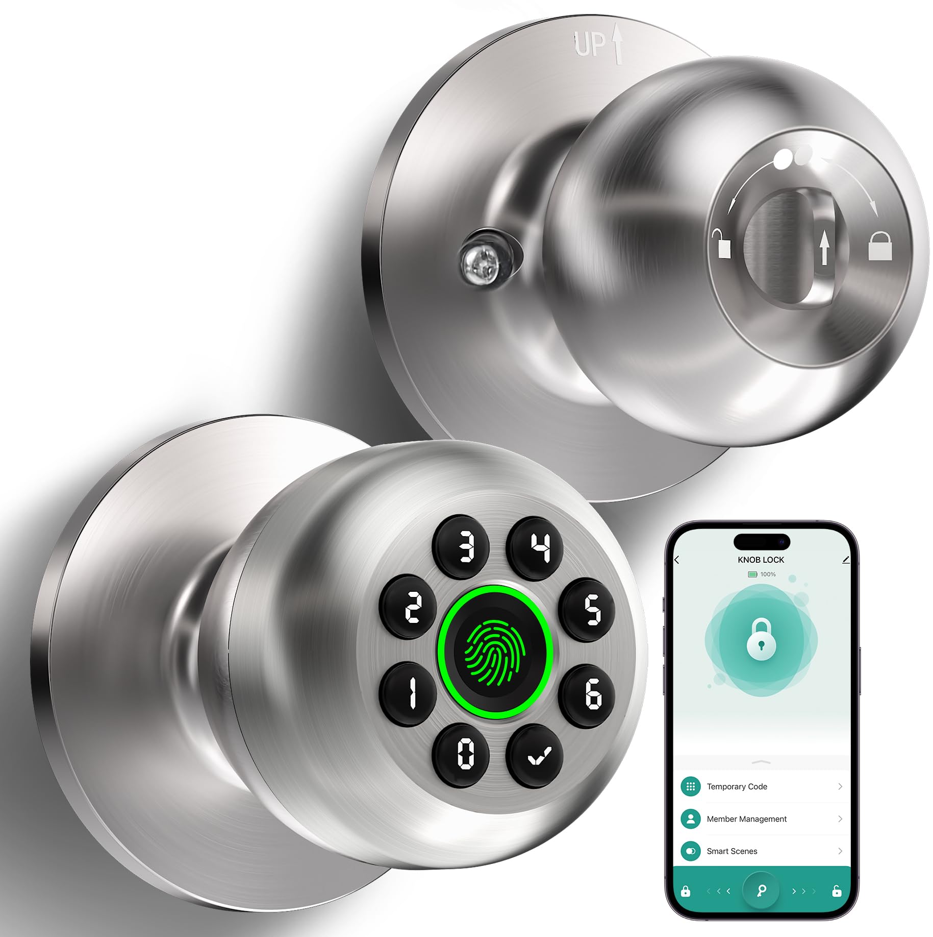 Photo 1 of Fingerprint Door Lock, Smart Fingerprint Door Knob with Keypad, Biometric Door Lock with App Control, Auto Lock Door Lock with Code, Keyless Door Knob with Lock for Bedroom, Home,Office-Satin Nickel