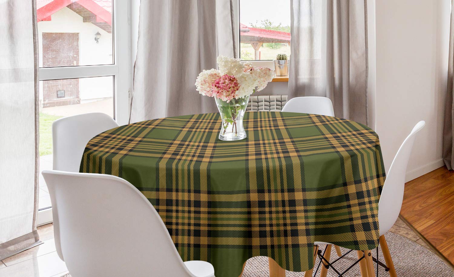Photo 1 of Lunarable Plaid Round Tablecloth, Tartan Pattern in Autumn Tones Old Fashioned Design Country Illustration, Circle Table Cloth Cover for Dining Room Kitchen Decoration, 60", Olive Green