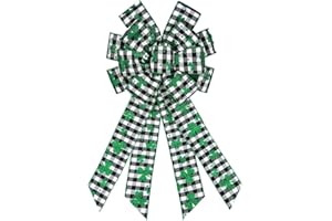 HYING Large St. Patrick's Day Bows for Wreath, Glitter Shamrock Black White Buffalo Plaid Wreath Bow for Front Door Indoor Outdoor Wall Decoration St. Patrick's Supplies Ornament