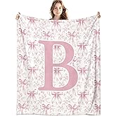 LIANGW Coquette Pink Bow Flower Throw Blanket, Personalized Initial B Soft Fluffy Cozy Flannel Blanket, Monogrammed Gifts for Daughter Women Teen Girls, Customized Blanket for Bedroom, 50x60 in