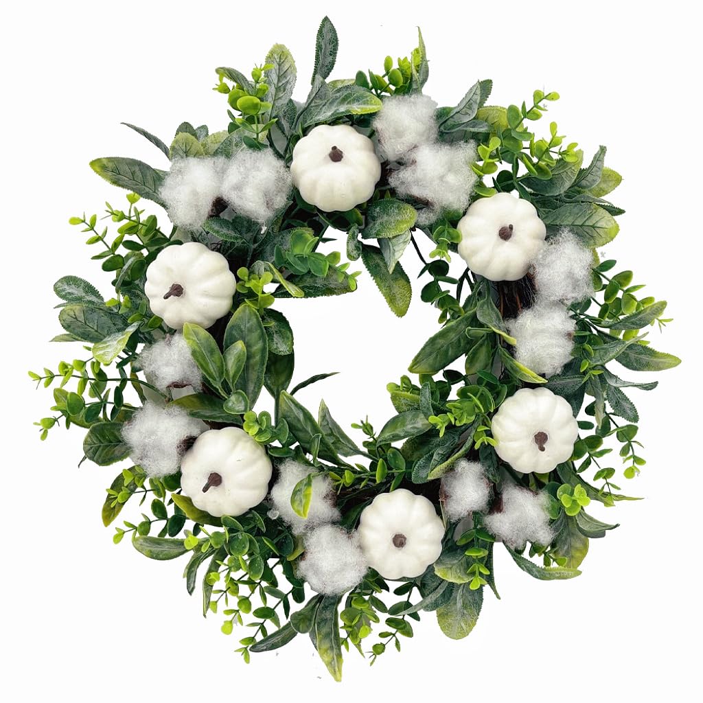 Photo 1 of 18 Inch Thanksgiving Fall Wreath for Front Door, Autumn Artificial Wreath with White Pumpkin, Cotton, Greenery Leaves for Farmhouse Home Window Wall Office Wedding Indoor Outdoor Decorations