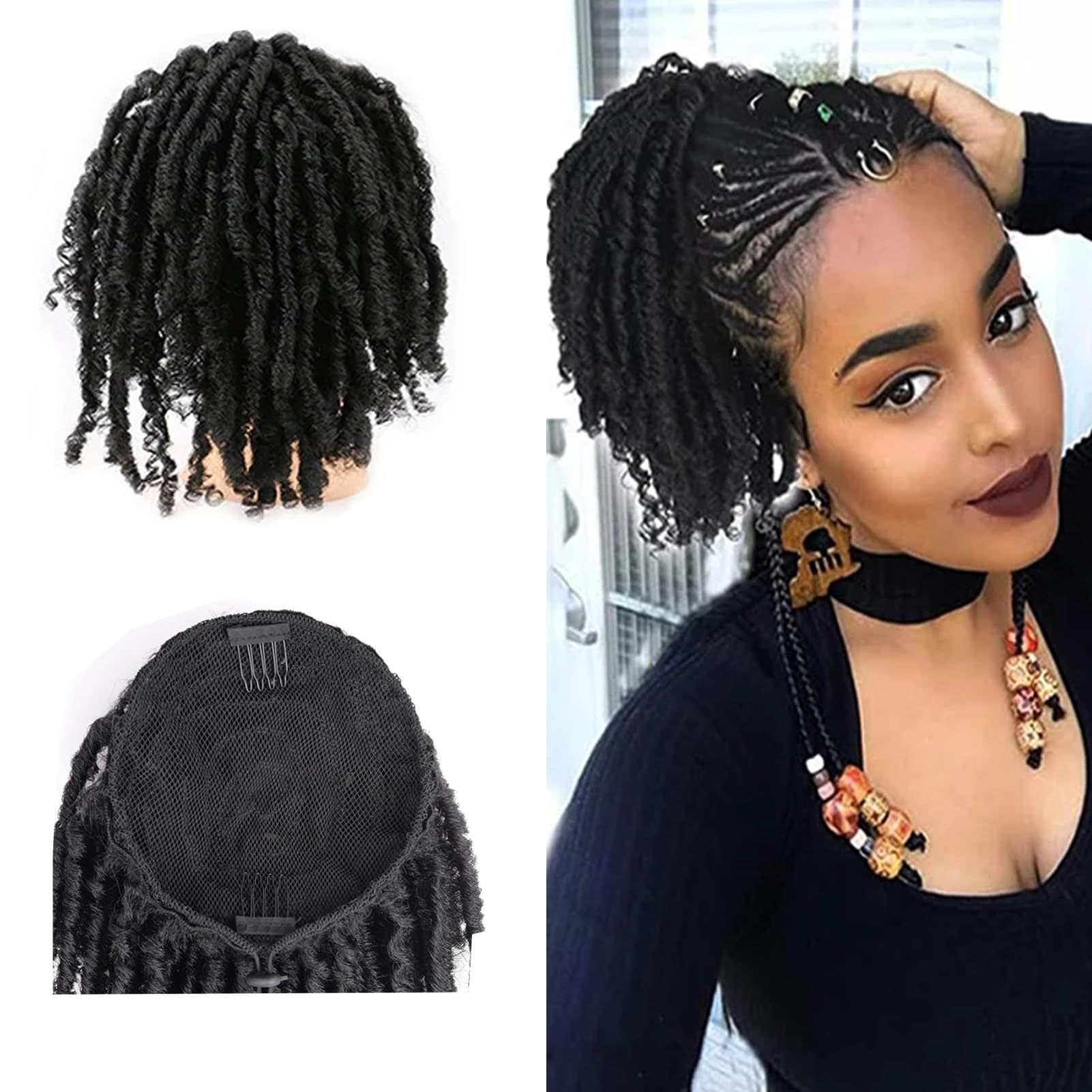 Dreadlock Ponytail Extension Soft Locs Synthetic Ponytail Clip In Drawstring Ponytail With Curly Ends Goddess Faux Locs Crochet Hair Hairpieces Bun (#1B)