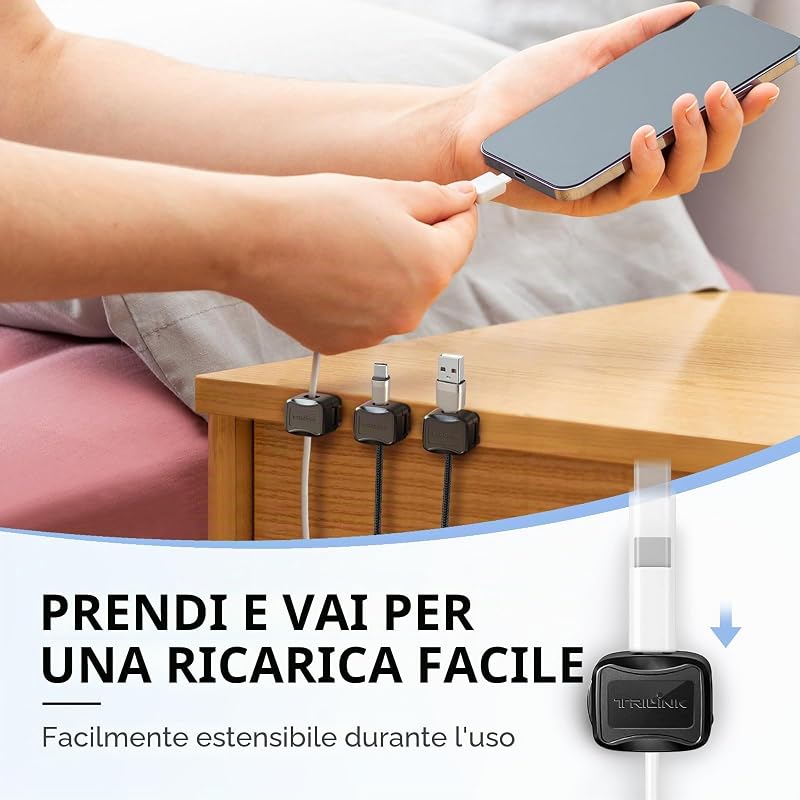 Set di clip per cavi magnetici da 6 pezzi con 6 ventose in silicone per la cable management | Fermacavi Organizzatore di cavi magnetic cable clips per casa, ufficio, scrivania, auto, muro e comodino