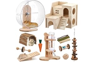 Sonwyoung 18 Pcs Hamster Cage Accessories, Silent Hamster Wheel, 15 Chew Toys Set, Maze Wood House and Water Bottle Set for Rat Mice Small Animals Habitat (Fun Interactive Style)
