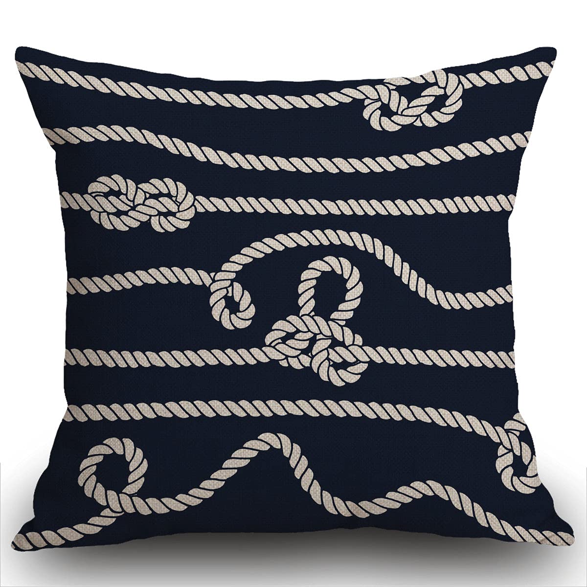Smooffly Navy Cushion Cover, Marine Rope Knot Endless Navy with White and Lumbar 18 x 18 Inches Decorative Throw Pillow Cover Cotton Linen for Sofa Bedroom Car 45x45cm