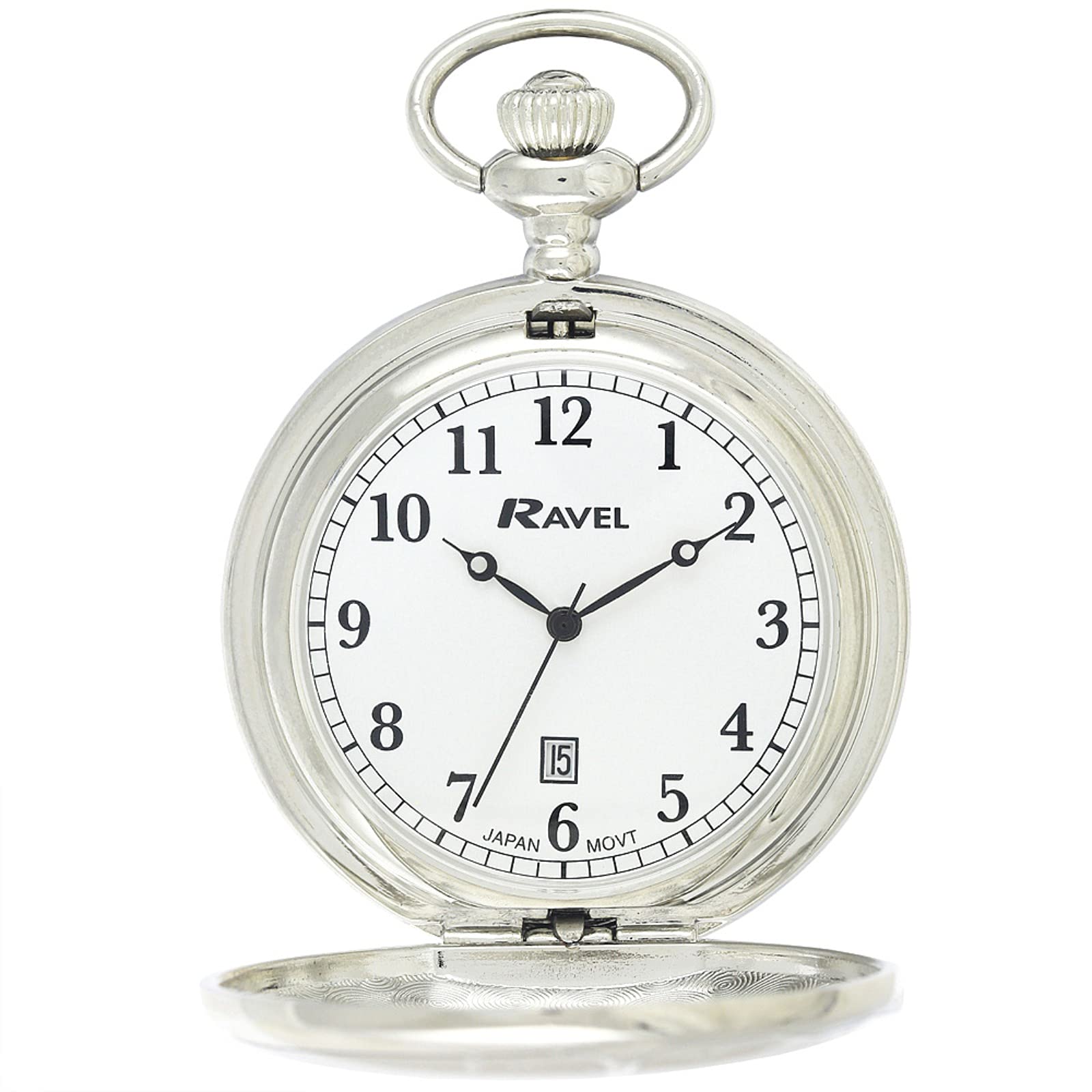 Ravel - Full-Hunter Calendar Pocket Watch - Silver Tone