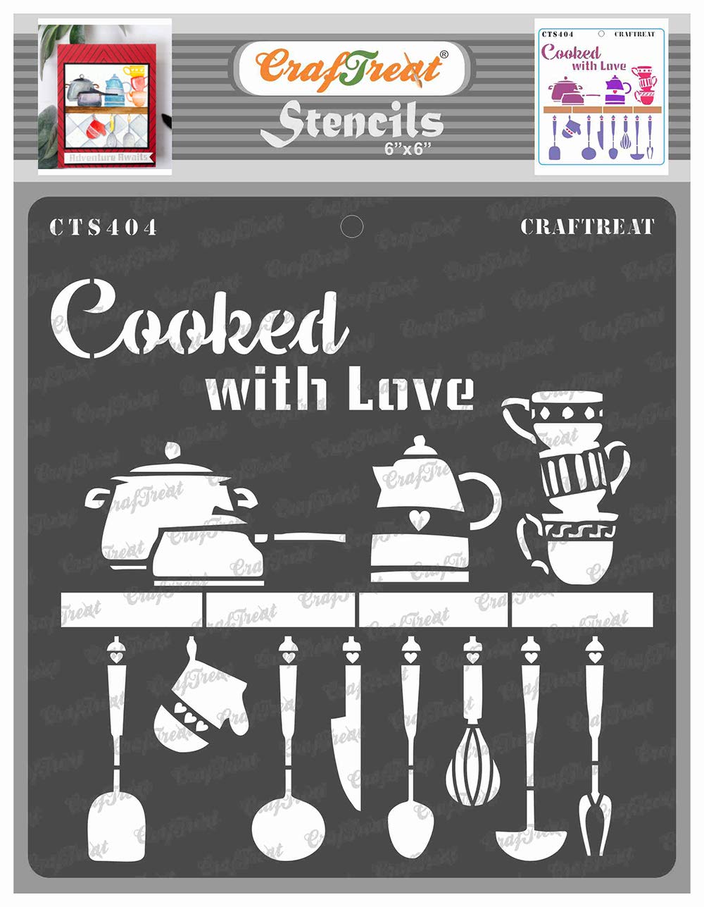 CrafTreat Reusable Kitchen Stencils for Painting on Wood, Canvas, Paper, Fabric, Floor, Wall and Tile - Cooked with Love - 6x6 Inch - DIY Art and Craft Stencils for Home Decor - Cooking Quotes