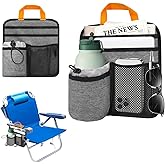 BOHEMIABY Beach Chair Cup Holder Attachment with Insulated Sleeve & 5 Pockets, Adjustable Armrest Organizer Caddy for Lawn Chairs, Camping, Stadium, Office (Grey)