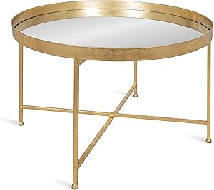 Kate and Laurel Celia Round Metal Foldable Coffee Table with Mirrored Tray Top, Gold