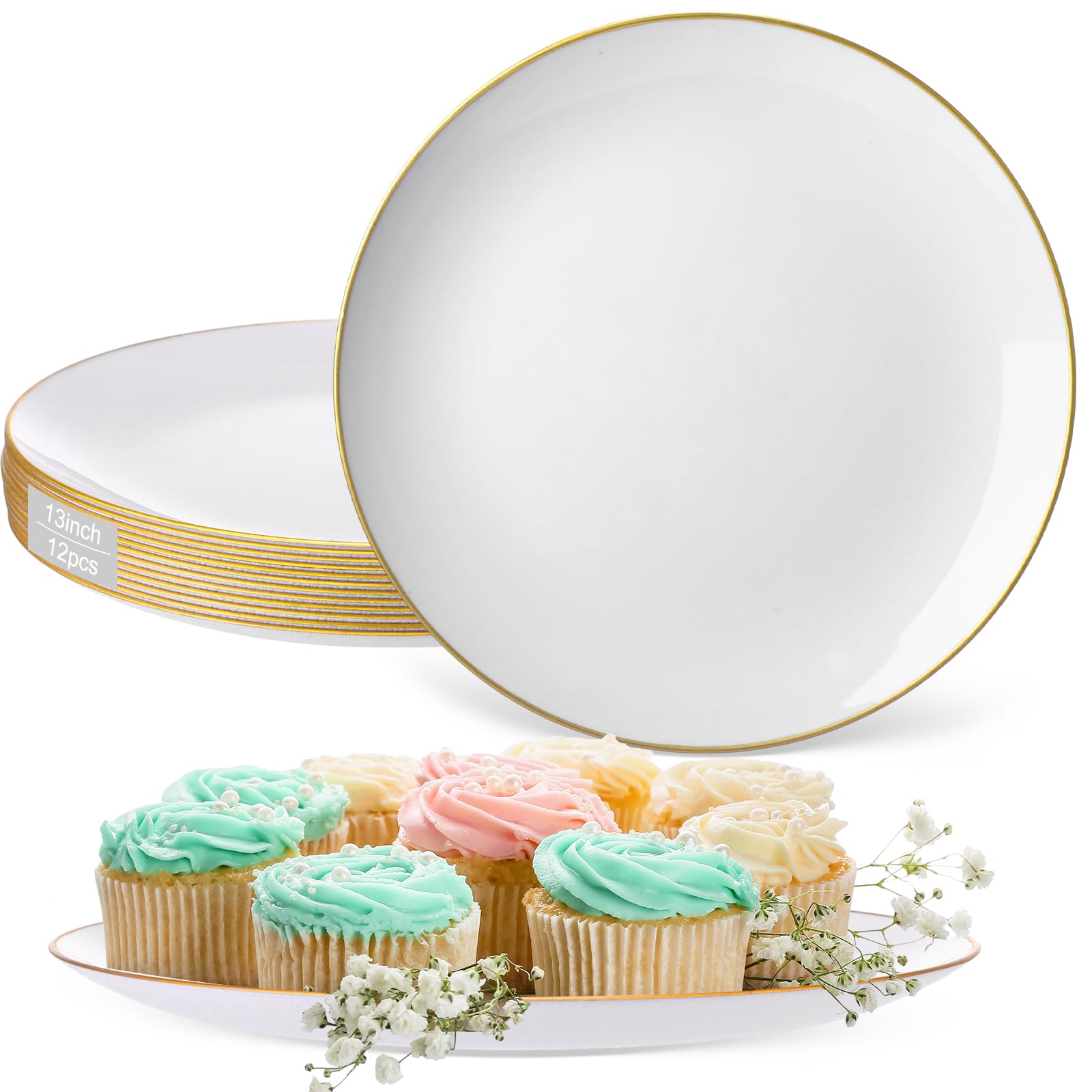 Photo 1 of [12 Pack] Rtteri 12pcs Round Plastic Serving Platters, 13 Inch Large Plastic Dinner Plates White and Gold Serving Trays for Wedding Party Heavy Food Cake Cookie Fruits Plates Buffet Birthday Supplies (Gold)