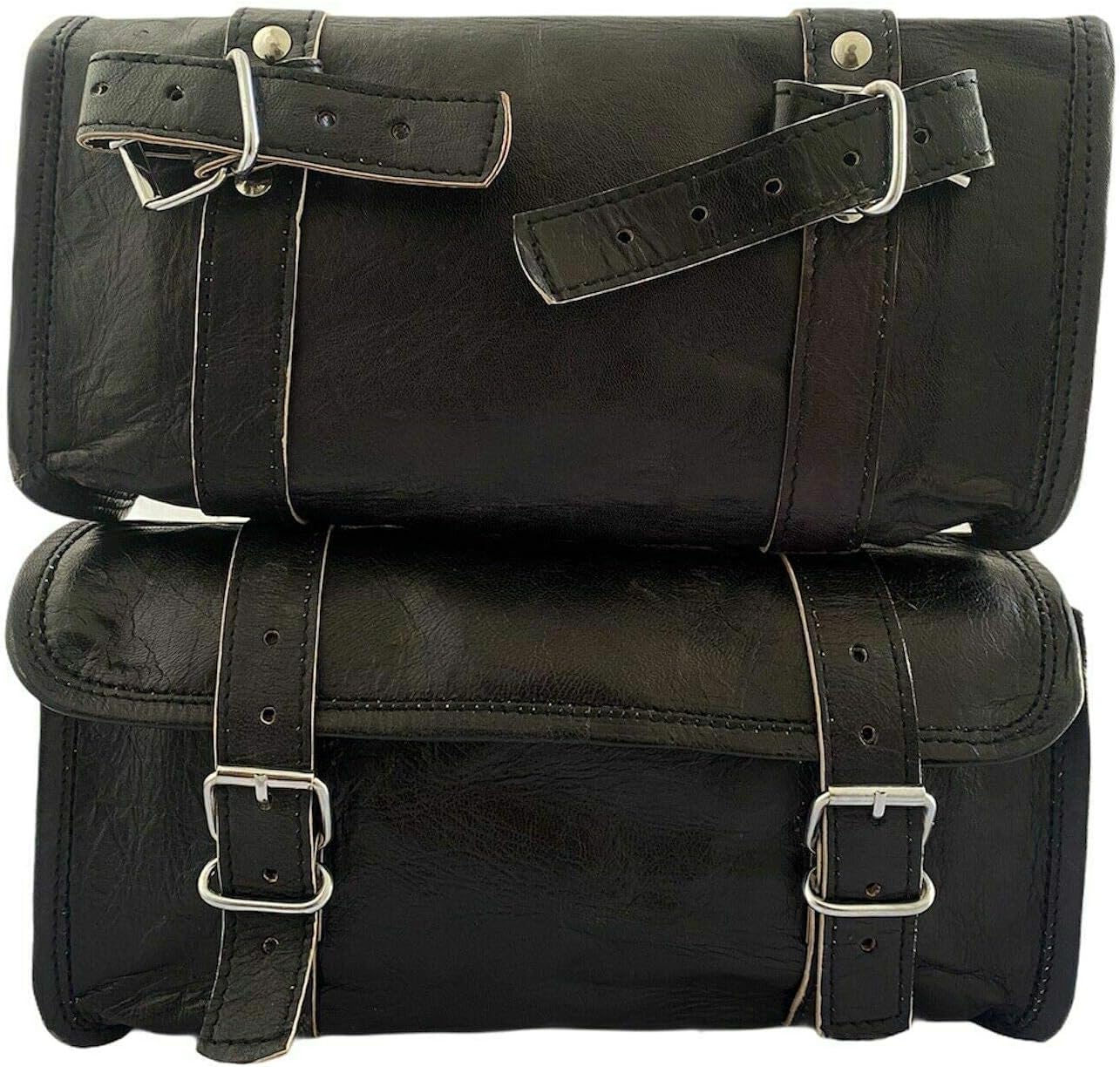 handlebar bag powersports luggage Motorcycle Saddle Bags Genuine Black Leather roll Pouch Side fork Tool Pouch motorcycle accessories (Black): Automotive