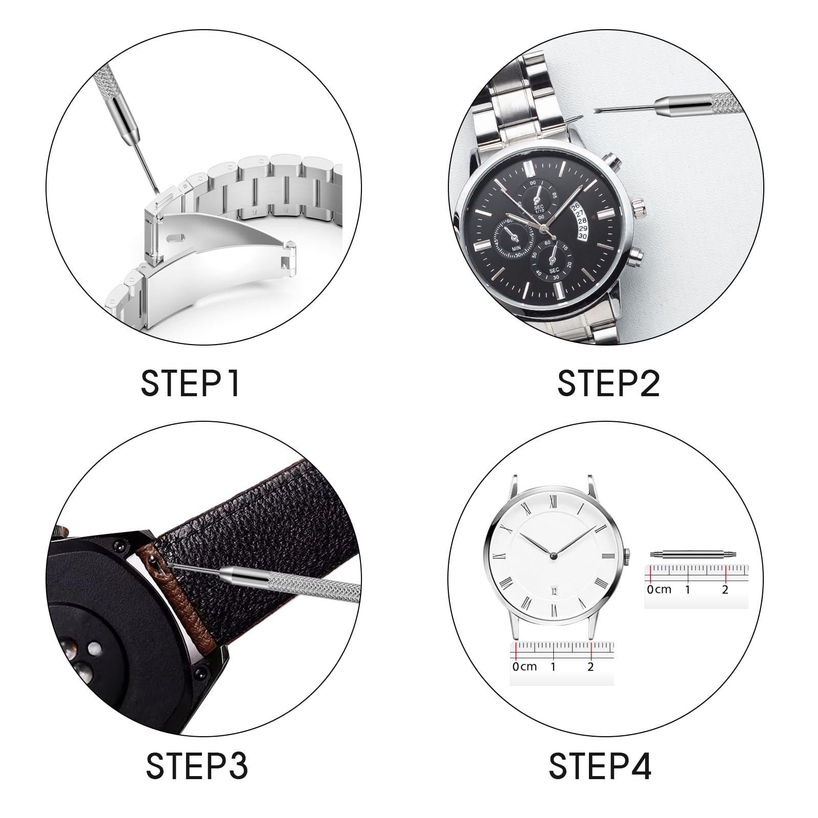 KALIONE 25 Packs Watch Band Pins Replacement Kit, 1.3mm Diameter Heavy Duty Watch Pin with Spring Bar Removal Tool, 4 Sizes 18/20/22/24mm Stainless Steel Watches Bands Pins Kit for Watches Band Repair