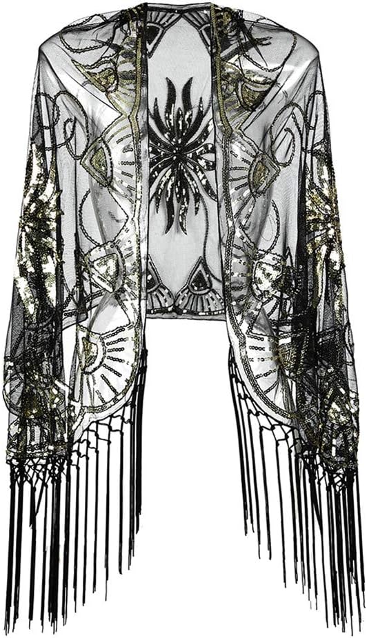 Women's 1920s Scarf Wraps Mesh Sequin Deco Fringed Wedding Cape Evening Shawl...
